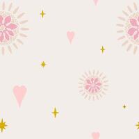 Cute boho minimalistic nursery background. Seamless pattern with hearts, stars, decorative elements. vector