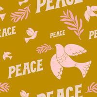 Peace hand written textured lettering with dove of peace and olive branch seamless pattern. vector