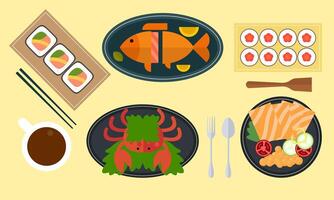 Asian kitchen. A lot of different seafood logo vector