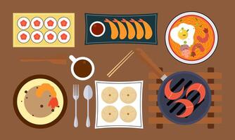 Asian kitchen. A lot of different seafood logo vector
