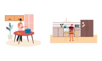 Collection of people cooking in kitchen, serving table, dining together, eating food vector