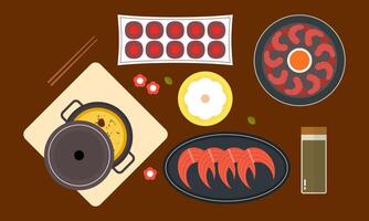 Asian kitchen. A lot of different seafood logo vector