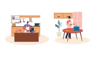 Collection of people cooking in kitchen, serving table, dining together, eating food vector