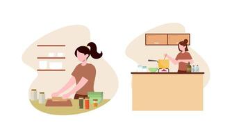 Collection of people cooking in kitchen, serving table, dining together, eating food vector