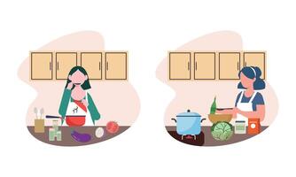 Collection of people cooking in kitchen, serving table, dining together, eating food vector