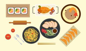 Asian kitchen. A lot of different seafood logo vector