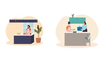 Collection of people cooking in kitchen, serving table, dining together, eating food vector