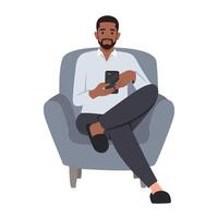 Man sitting on armchair and watching on smartphone. vector