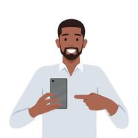 Man holding smartphone and pointing to it. vector