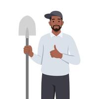 Farmer holding shovel in hand. Farmer standing with spade. vector