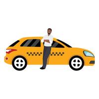 Taxi driver standing next to his car. vector