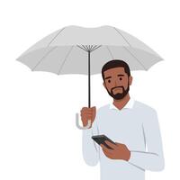 triste hombre con paraguas soportes en lluvia y lee SMS en móvil teléfono. vector