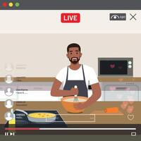 Happy black man cooking dishes in the kitchen on a live stream. vector