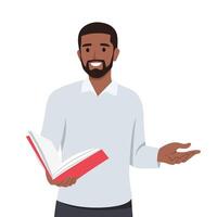 Man holding and reading book while explaining to audience. vector