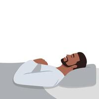 Young man sleeping in bed side view. vector