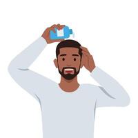 Young man sprinkle hair growth products on his head. vector