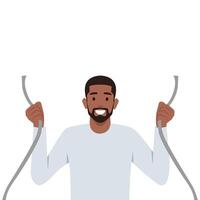 Young man with damaged network cable symbolizing web error. vector