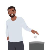 Man throw the paper into blue recycle garbage bin with paper. vector