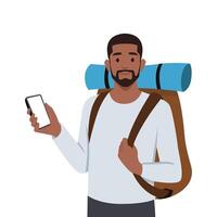 Traveler using smartphone for communicates with friends on a mobile phone. vector