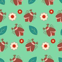 Seamless pattern of may bug, chafer, flowers and leaves on a green background. illustration vector