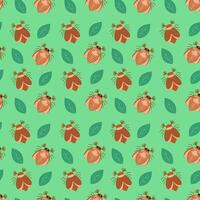 Seamless pattern of may bug, chafer and leaves on a green background. illustration vector