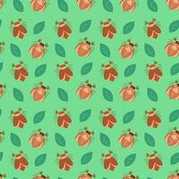 Seamless pattern of may bug, chafer and leaves on a green background. illustration vector