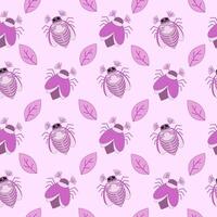 Seamless pattern of pink may bug, chafer and leaves on a pink background. illustration vector