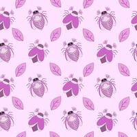 Seamless pattern of pink may bug, chafer and leaves on a pink background. illustration vector