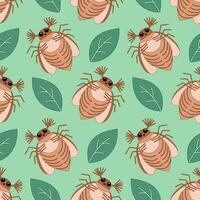Seamless pattern of may bug, chafer and leaves on a green background. illustration vector