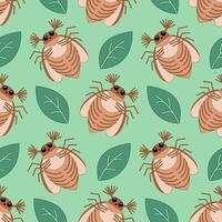 Seamless pattern of may bug, chafer and leaves on a green background. illustration vector