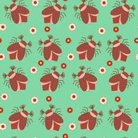 Seamless pattern of may bug, chafer and flowers on a green background. illustration vector