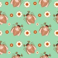 Seamless pattern of may bug, chafer and flowers on a green background. illustration vector