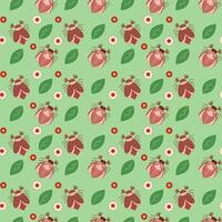 Seamless pattern of may bug, chafer, flowers and leaves on a green background. illustration vector