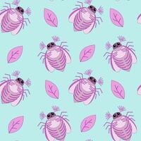 Seamless pattern of pink may bug, chafer and leaves on a blue background. illustration vector