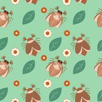 Seamless pattern of may bug, chafer, flowers and leaves on a green background. illustration vector