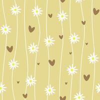 Seamless pattern with daisy flowers and hearts in a beige color palette. illustration vector