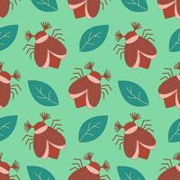 Seamless pattern of may bug, chafer and leaves on a green background. illustration vector