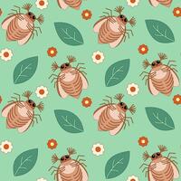 Seamless pattern of may bug, chafer, flowers and leaves on a green background. illustration vector