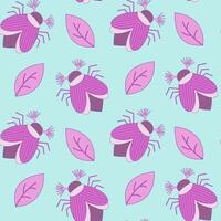 Seamless pattern of pink may bug, chafer and leaves on a blue background. illustration vector