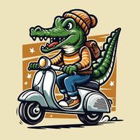 Cute Crocodile Riding Scooter Cartoon Illustration vector