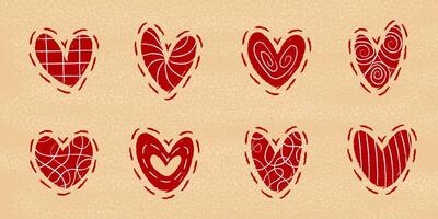 Set of red hearts with chalk texture. Hand drawn illustration vector