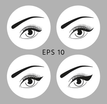 Beautiful eyes with eyeliner in circles on a gray background. Eye icon set vector
