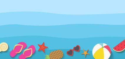 Summer Sea horizontal background for banner with blue waves and different summer icons such as sea shell, sea star, watermelon, sunglasses and more vector