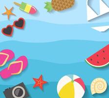 Summer background with blue waves and flat icons. Vacation or travel background for banner design vector