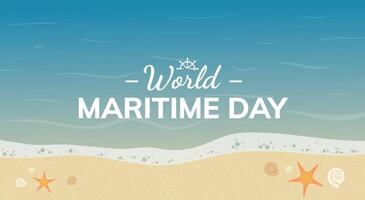 World Maritime Day celebration banner design. Starfish on the beach with seashells. Seaside scene with mollusk on sand vector