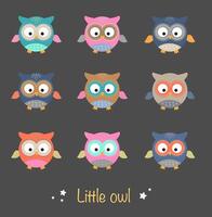 Set of decorative colorful little owls illustrations on dark gray background vector