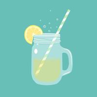 Cute lemonade jar illustration with lemon slice and straw. Fresh summer drink drawing vector