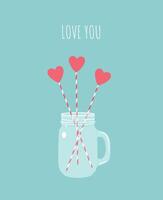 Card for Valentine's Day holiday. Decorative jar with hearts on sticks in it. Love you postcard flat illustration vector