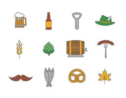 Set of line flat colorful beer icons. Oktoberfest icons of beer mug, barrel, hop, pretzel, sausage and more vector