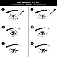 Step-by-step instruction on how to use and apply eyeliner. Eyes icons. Winged eyeliner manual vector